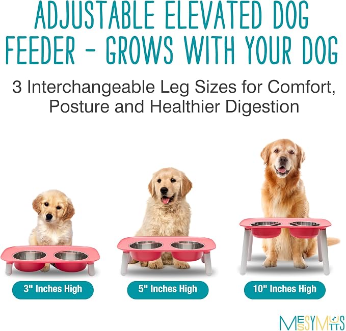 Messy Mutts Elevated Double Dog Feeder, Adjustable Height, Watermelon | Adjustable-Height Elevated Double Dog Feeder With Two 5 Cup Stainless Bowls, Legs Set To 3, 5, Or 10 Inches