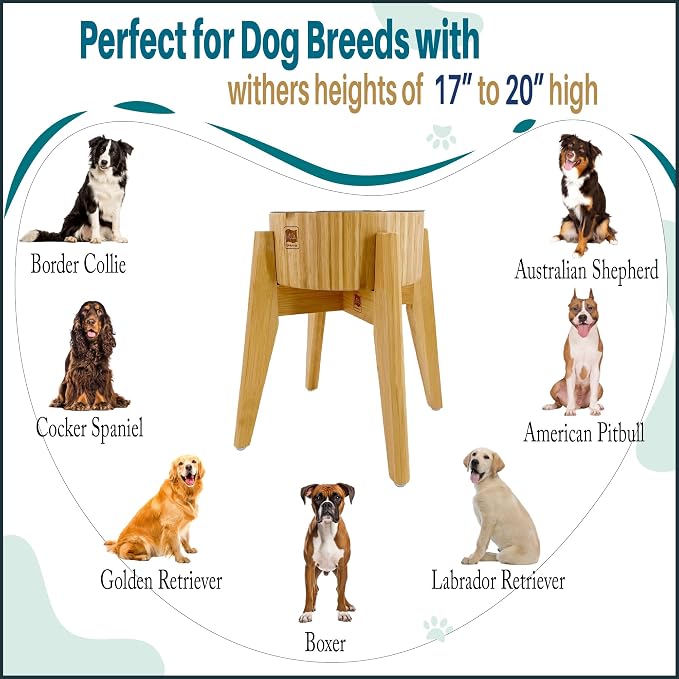 Elevated Slow Feeder Dog Bowls Large Breed - (12-inch-high) - Raised Bowl with Anti-Choking Insert - Stainless Metal and Bamboo