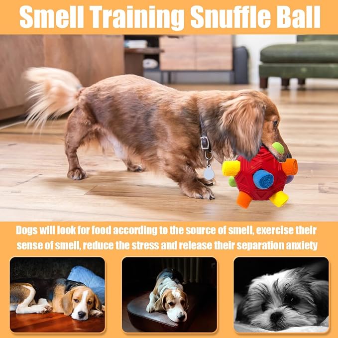 Dog Snuffle Ball-Interactive Puzzle Dog Toys Encourage Natural Foraging Skills Slow Feeder for Training and Stress Relief, Cloth Strip Hiding Food Chew Toys for Any Size Dogs, Machine Washable (Red)