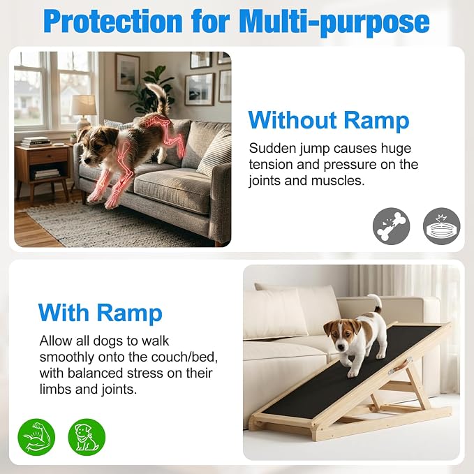 Tresbro Dog Ramp for Couch, 39.4'' Long 18''-23.6'' Height Pet Ramp | 6 Adjustable Height, Anti-Slip & Easy Clean Surface Mat, Capacity Up to 150LB, Easy to Store & Portable, Promote Joint Health