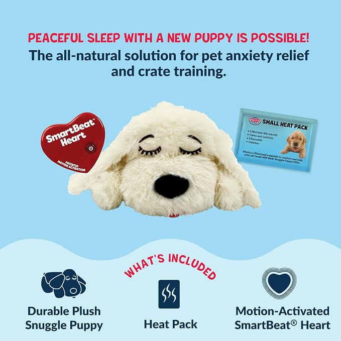 Snuggle Puppy Junior Heartbeat Toy, Calming Comfort, Small Breeds - Cream | Calming heartbeat toy, crate training, heat pack, new puppy essentials, first nights, sleep, small breeds under 25 lbs