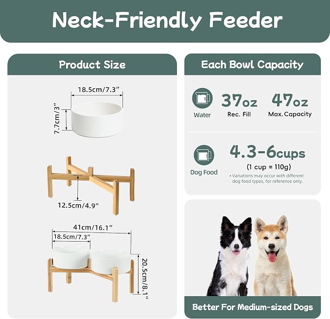 Havniva 7.3” Dog Bowls Elevated Ceramic Dog Food and Water Bowl Set, Double Raised Dog Water Bowl with Stand Non-Slip Rubber Base Large Capacity Feeding Pet Food Bowl for Medium Dogs