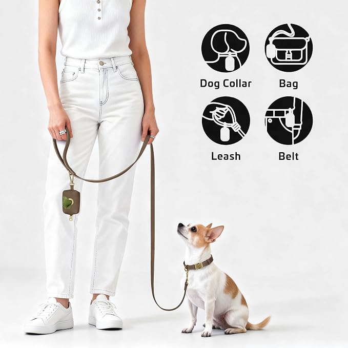 Didog Stylish Dog Poop Bag Holder for Leash, Easy-Pull and Colorful PU Leather Dog Poop Bag Dispenser with Metal Clip, Includes 1 Roll Pet Waste Bag for Daily Walking,Brown