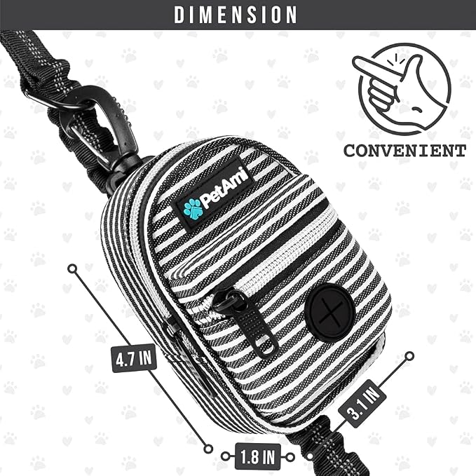 PetAmi Dog Poop Bag Holder for Leash, Dog Pet Waste Bag Dispenser For Poop With Clip, Doggy Puppy Walking Accessories Travel Camping, Dog Treat Pouch Supplies Must Have With Dog Bag Roll, Stripe Black