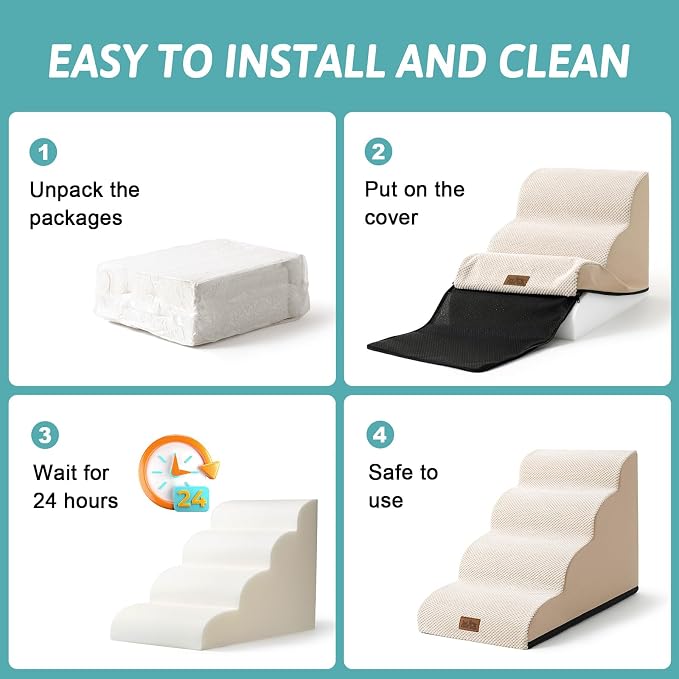 COZY KISS Dog Stairs for Small Dogs 19.7" H, Curved Dog Step for Puppy, Older or Cat, Medium Pet Ramp for Sofa, Couch or Bed, Ladder with High Density Foam, 4 Step, 15.7x28.3x19.7 inch, Beige