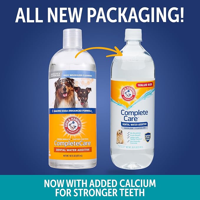 Arm & Hammer Complete Care Dog Dental Water Additive, 35 Fl Oz | Baking soda enhanced, tartar control, freshens breath, odorless and flavorless, no brushing required