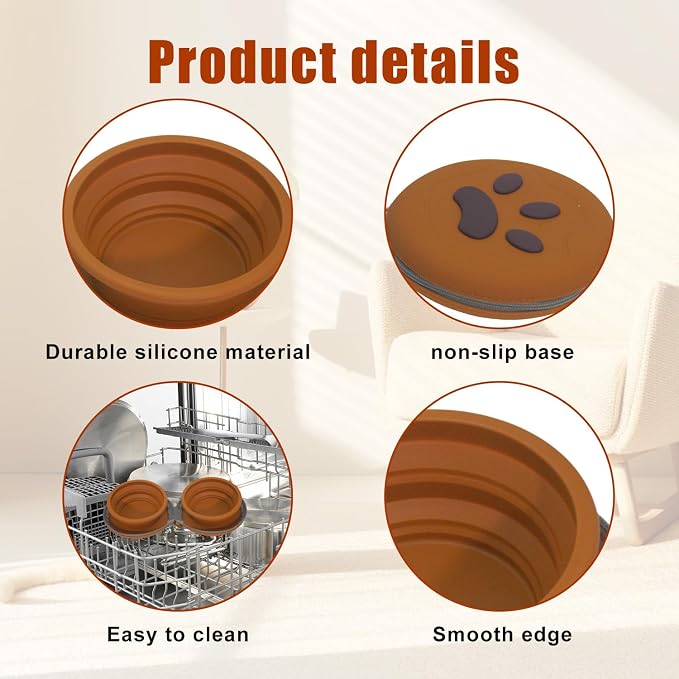 Collapsible Dog Bowls, 2-in-1 Silicone with Carabiner, Brown