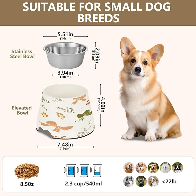 Blueangle Elevated Dog Bowls with Stainless Steel - Non-Slip 2.3 Cup High Capacity Pet Dish for Spinal Health & Autumn Bows Design（179）