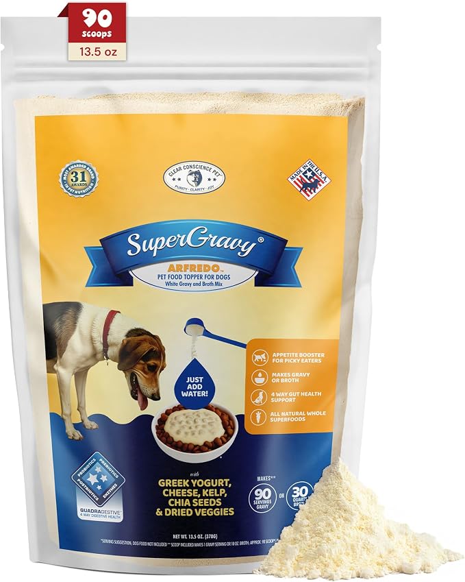 CLEAR CONSCIENCE PET® Arfredo SuperGravy® Dog Food Topper Hydration Broth Mix Greek Yogurt Cheese Blend Kibble Seasoning Probiotics Prebiotics Enzymes Taurine 13.5 oz. 90 Scoop, All Life Stage