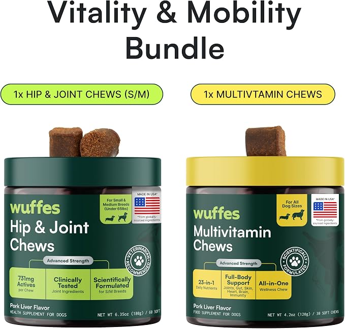 Wuffes Hip and Joint Supplement for and 23-in-1 Multivitamin Bundle for Dogs (Small & Medium Breed)