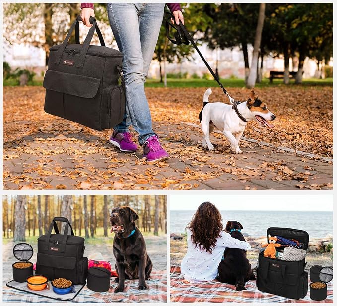Modoker Dog Travel Kit for Weekend, with Bowls & Food Containers, Black