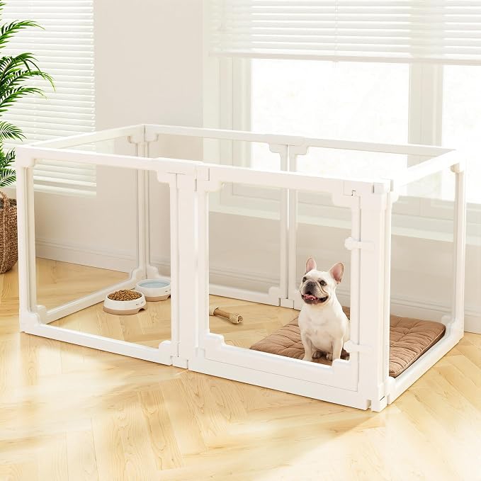 Clear Acrylic Dog Playpen Indoor,Tool-Free Assembly & Easy Clean,24 in Puppy Playpen with Door for Small Dogs/Cats/Rabbits/Pigs/Ferret,Indoor and Outdoor Use,6 Panels(White