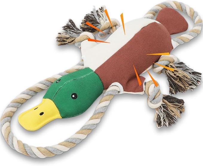 Duck Dog Toys for Small Medium Dogs, Durable Canvas Fetch Tug Toy with Sliding Rope & Crinkle Paper for Boredom Relief, Squeaky Interactive Teething Puppy Chew Toys for Chihuahua Corgi Beagle
