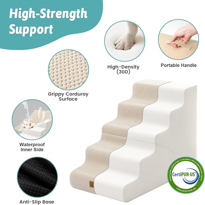 COZY KISS Dog Stairs for Small Dogs, 5-Step 2-in-1 Dog Steps,22.4" H | 5-step dog stairs and ramps for Old Cats, Puppy, Small Dogs,Non-Slip Base,for Couch & Bed, Beige
