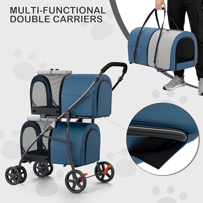 MoNiBloom Double Pet Stroller - Navy Blue/Gray, 4 Wheels