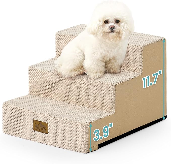COZY KISS Dog Stairs for Small Dogs, 3 Step Pet Stairs for Beds & Couches | 11.7" H Non-Slip Dog Steps for Bed & Sofa, Gentle Incline for Puppies, Senior Cats, and Small Dogs, 15.7x17.7x11.7 in, Beige