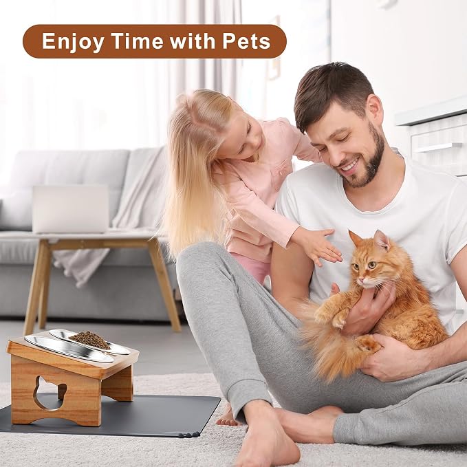 Elevated Cat Bowls with Silicone Mat, 15° Tilted Solid Wood Stand, Raised Stainless Steel Food & Water Dishes for Cats and Small Dogs, Anti-Vomiting Design(Teak)