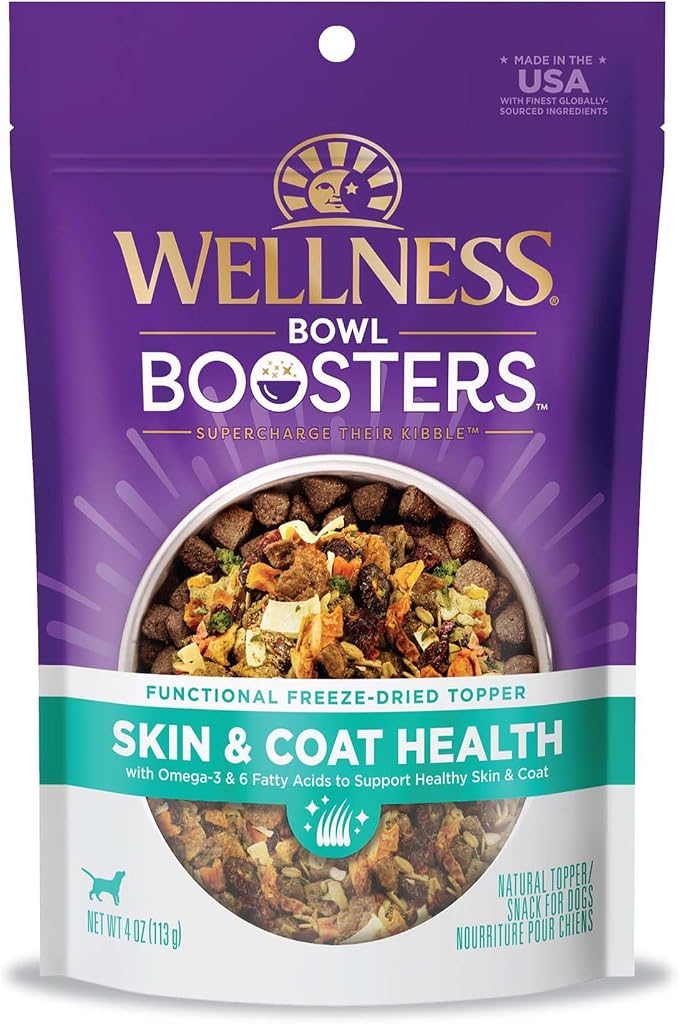 Wellness Bowl Boosters Skin and Coat Health Dog Food Topper with Freeze Dried Pieces for Small, Medium, and Large Breeds, Grain Free, Natural, Chicken Recipe, 4 oz Bag