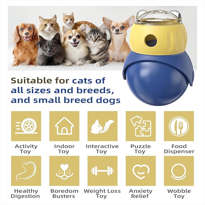 Pet Treat Dispenser,Enrichment and Interactive Toys for Dogs and Cats,Owl-Shaped ABS Blue and Yellow Puzzle Slow Feeder,Puppy Essentials,No BPA