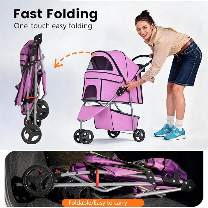 BestPet 3-Wheel Pet Stroller - Pink, Breathable Mesh