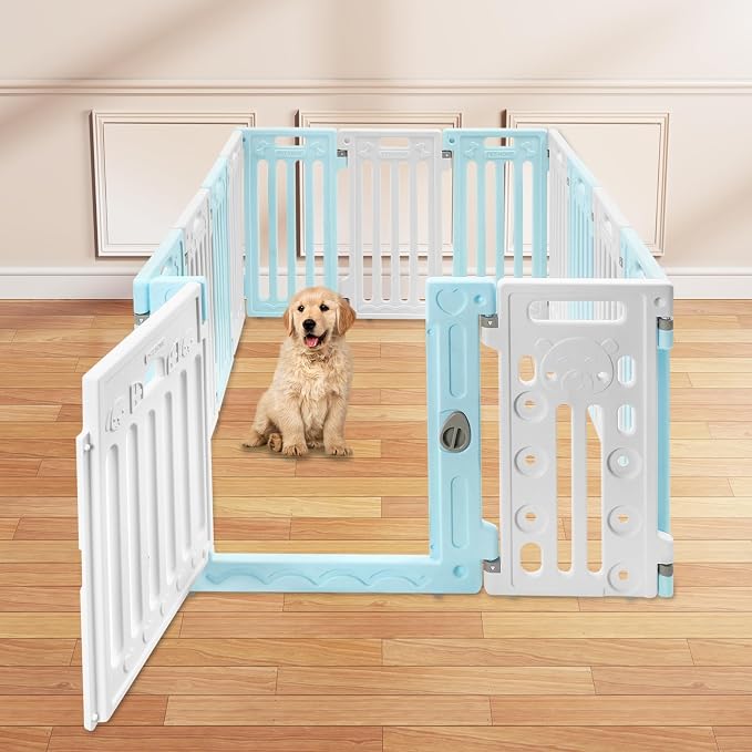 26" H Dog Playpen, 13 Panels Pet Pen with Door Heavy Plastic Pet Safety Fence for Small Medium Pets Puppy Playpen Indoor with Suction Cups Flexible Installation 40.6" X 53.5" X 25.6" (Blue)