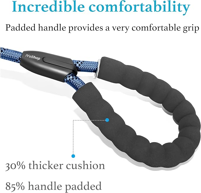 iYoShop Double Dog Leash, 360° Swivel, No Tangle, Large, True Navy | Dual Leash for Two Dogs, Split Leash, Shock-Absorbing Bungee, Padded Handle, Heavy-Duty Rope