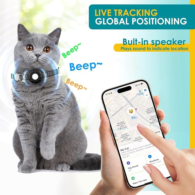 Cat GPS Tracker, Waterproof Pet Tracker for Cats, Cat GPS Tracker Collar with Safety Elastic Buckle, Works with Any Collar,Compatible with Apple Find My App (Only iOS), No Monthly Fee, Black