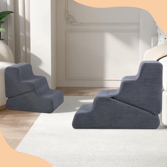 Dog Ramp for Bed, 23" H Dog Stairs for High Bed, 2 in 1 Pet Steps for Small Dogs, 5-Step Foldable Transformable Large Cats Ramp to Get on Couch, Non-Slip Balanced, Grey