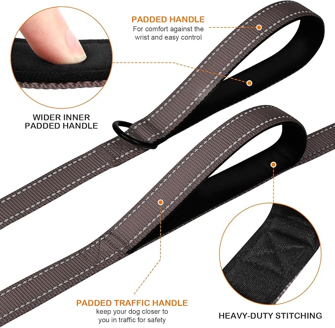 Joytale Dog Leash for Large Dogs that Pull, Double Handle, 6FT, Brown | Traffic Handle for Control, Padded Handle Reduces Hand Strain, Reflective Stitching for Night Safety, Strong Nylon Webbing