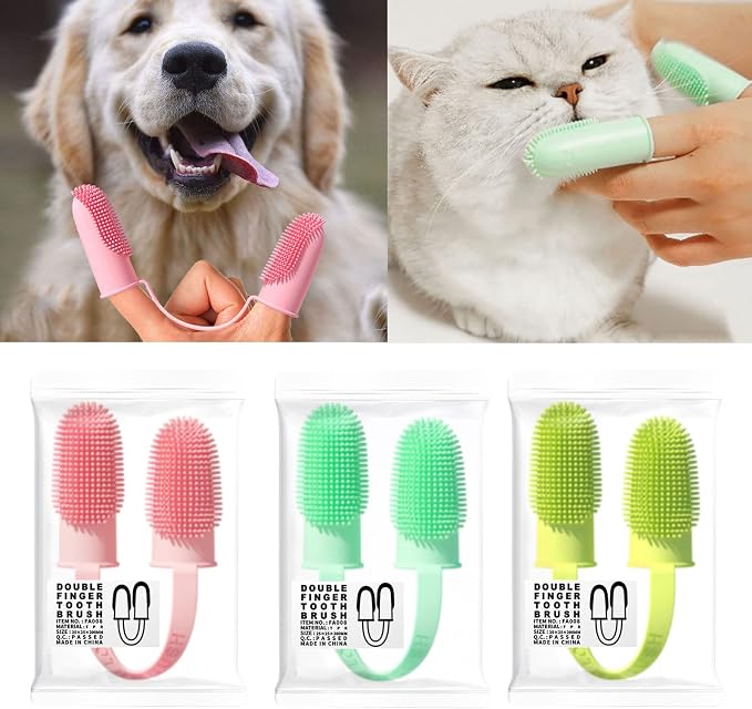 Dog Toothbrush for Teeth Cleaning, 2-Finger Small Finger Brushes with Soft Silicone Bristles, Pet Care for Dogs and Cats, Green
