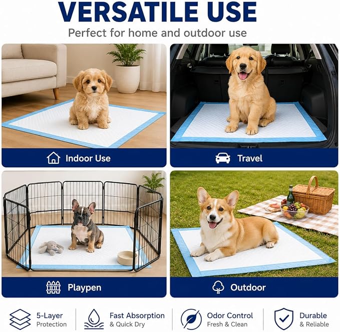 Dog Padswith Adhesive Backing，Fixed, 5-Layer Leak-Proof Super Absorbent, Quick-Dry Surface, Potty Training, Blue & White (Regular22*22, Count, 40)