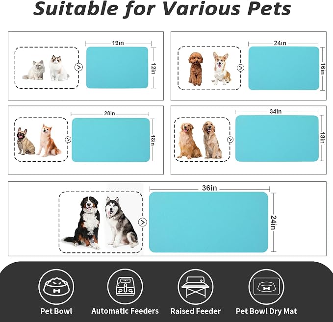 HotLive Dog Food Mat - Absorbent Cat Mat for Food and Water, No Stains Pet Feeding Bowl Mat, Easy to Clean Pet Placemats, Quick Dry Dog Water Dispenser Mat for Messy Drinkers | Teal 16"x 24"