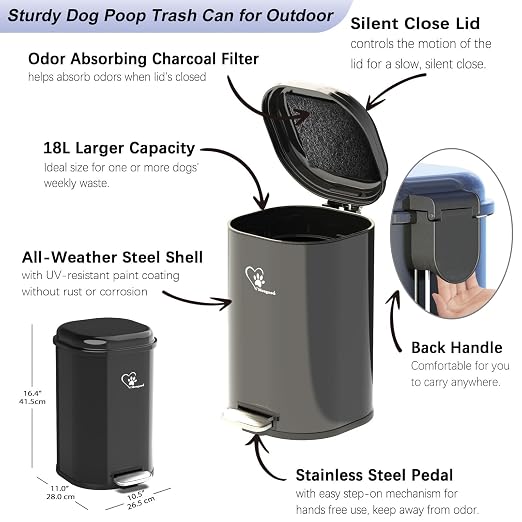 Dog Poop Trash Can, 18L/4.76 Gal Stainless Steel Kitchen Garbage Can, Recycling or Waste Bin, Soft Close, Step-On Pedal, Removable Inner Bucket & Free Waste Bags (Trash Can)
