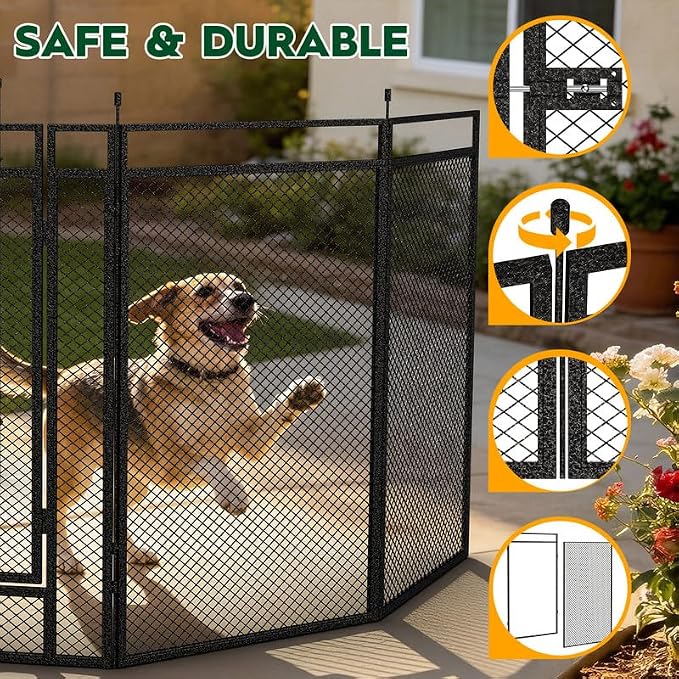 Dog Playpen with Safety Mesh, 24in 48 Panels, Black-Silver