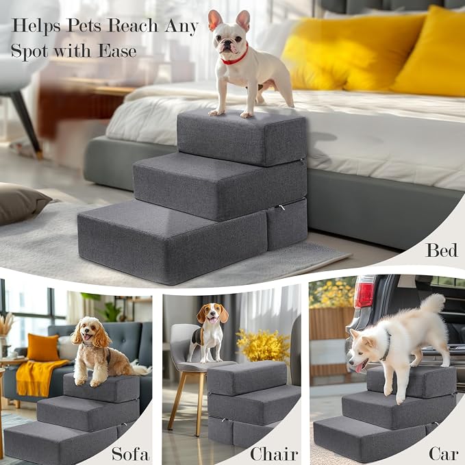 Dog Stairs for Small Dogs 18" H, Modular 3-Step Dog Steps for Bed and Couch, Non-Slip Indoor Pet Stairs for Cats, Pet Step with Washable Cover Grey