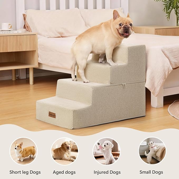 Aodisman Dog Steps for Bed and Couch, 4-Step Pet Stairs for Small Dogs, Indoor Non-Slip Dog Stairs for Old Cats, Puppy, Small Medium Dogs,18.5" H,Beige