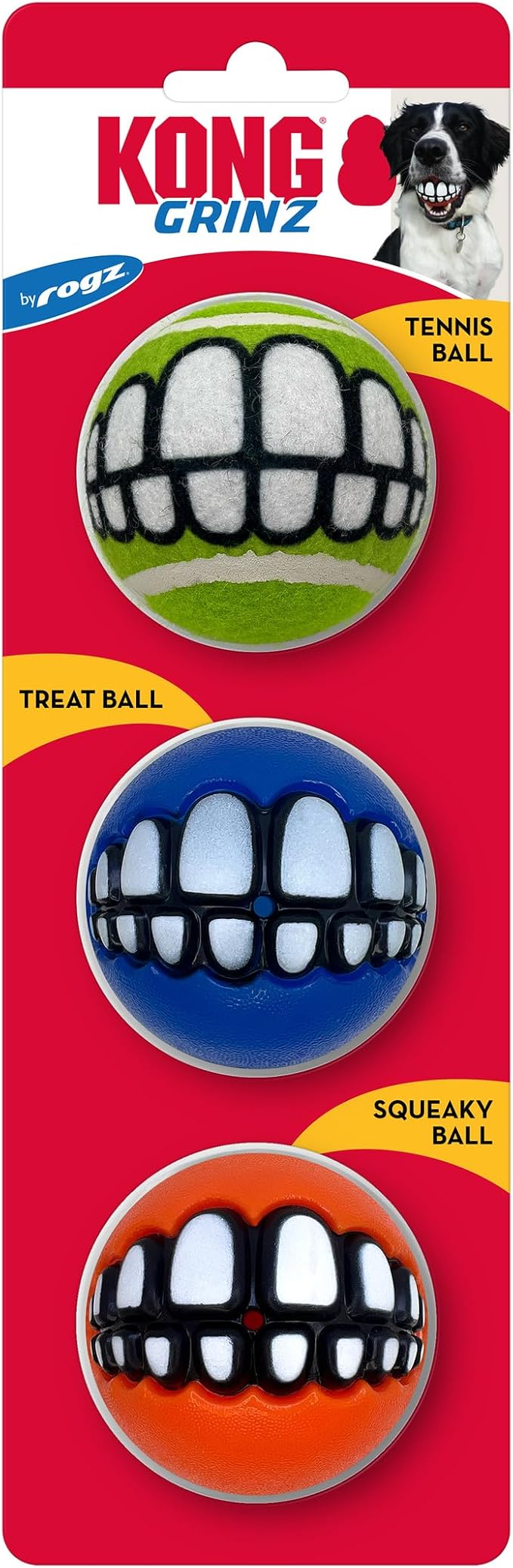 KONG Grinz by Rogz Variety Packs - Durable Bouncy Balls with Grinz Teeth - Smiley Face Dog Toy (Medium (6 Pack))