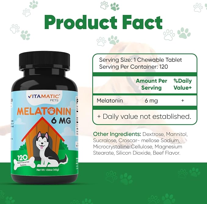 Vitamatic Pets Melatonin 6 mg Chewable Tablets for Dogs, 120 Count