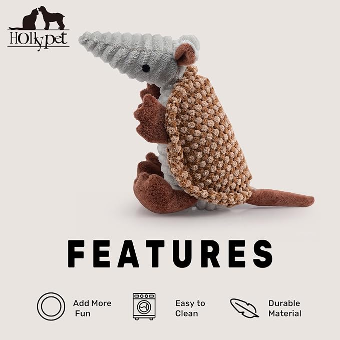 Hollypet Armadillo Squeaky Puppy Dog Toys for Small Medium Dogs, 8" | plush stuffed small dog squeak animal toy with unique grunt squeaker textured fabric for teeth cleaning toys
