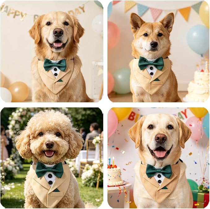 Yellow Dog Bandana with Green Bowtie, Large, Yellow