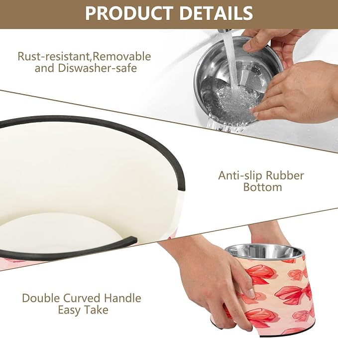 Blueangle Elevated Dog Bowls with Stainless Steel - Non-Slip 2.3 Cup High Capacity Pet Dish for Spinal Health & Red Bows Design（171）