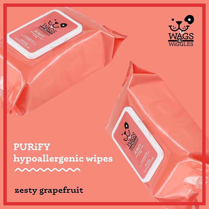 Wags & Wiggles Purify Hypoallergenic Grooming Wipes, Grapefruit, 100 Count