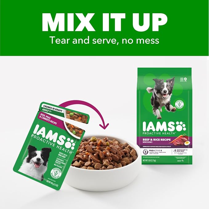 IAMS Proactive Health Adult Wet Dog Food, Beef, Peas and Carrots Recipe, 3.5 oz. Pouch (16 Count, Pack of 1)