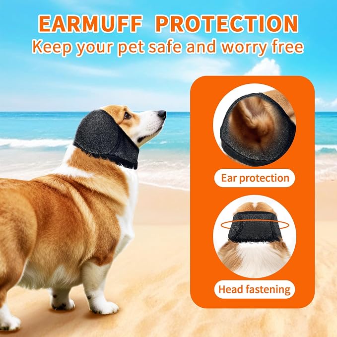 NEW Dog Ear Muffs Noise Protection Anxiety Relief for Fireworks Thunder, No Flap Ear Wrap Ear Covers for Bathing Swimming Grooming, Waterproof Elastic Adjustable Dog Snood Comfortable & Quiet(Grey, L)