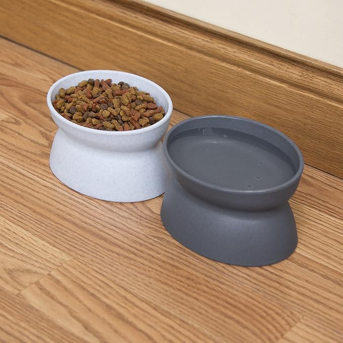 Kitty City Elevated Cat Bowls (Set of 2), Whisker-Friendly Raised Cat Food & Water Dishes, Modern Pedestal Design, Dishwasher Safe, 6.5 oz Each – White & Gray
