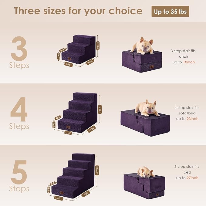 EHEYCIGA Dog Stairs for High Bed 22.5" H, 5-Step Dog Steps for Bed, Pet Steps for Small Dogs and Cats, Non-Slip Balanced Pet Ramp Indoor, Purple