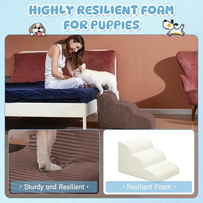 Mesa Lemon Dog Steps for Small Dogs, 4-Step Pet Ramp Stairs for High Beds and Sofa, Non-Slip Pet Stairs for Small Dogs and Cats, Removable and Easy to Clean Cover, Coffee