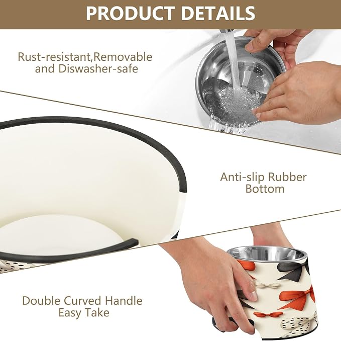 Blueangle Elevated Dog Bowls with Stainless Steel - Non-Slip 2.3 Cup High Capacity Pet Dish for Spinal Health & Red Bow Design（403）