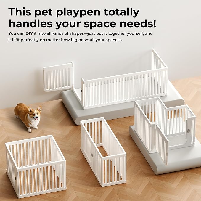 23.6" H Plastic Pet Playpen with Lockable Wide Door, 7 Panels Expandable Pet Fence with Portable Indoor/Outdoor, Easy Setup & Clean for Pets up to 22lbs or Baby (White)