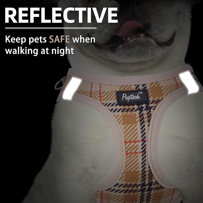 PUPTECK Dog Harness and Leash Set for Small Medium Dogs No Pull Step-in Soft Mesh Puppy Cat Vest Harnesses Reflective at Night, Plaid Pattern Beige L